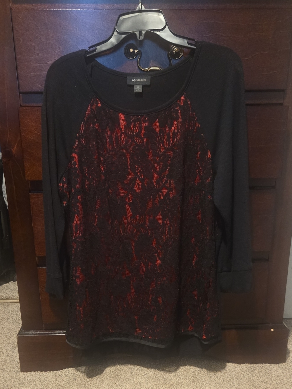 Studio Black Raglan Sweatshirt with Red Lace Front